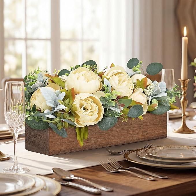 Flower Table Centerpieces for Dining Room, Summer Artificial Peony Table Centerpieces Wood Tray with Fake Flowers for Wedding Living Room Party Bar Kitchen Table(Champagne)