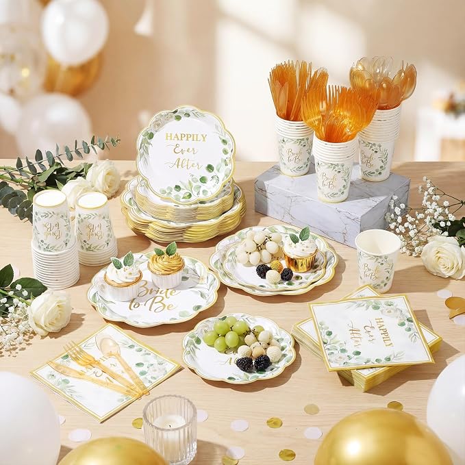 Pickmesh 400 Pcs Sage Green Bridal Shower Party Supplies Eucalyptus Leaves Bride to Be Happy Ever After Disposable Paper Plates Napkins Cups Cutlery Set for Wedding Bachelorette Party Decorations