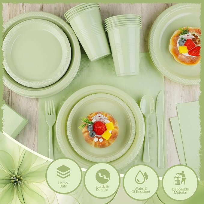 Kochorie 240 Pieces Sage Green Plastic Dinnerware Set Disposable Heavy Duty Plates Napkins Cups Silverware Dessert Dinner Plates for Birthday Wedding Baby Shower Party Supplies, Serves 30 Guests