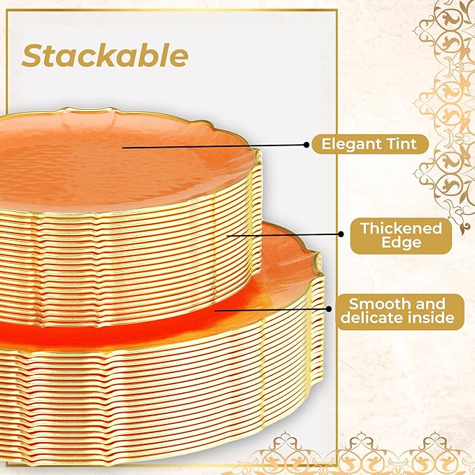 Exquisite Tinted Plates - 40 Piece Plastic Disposable Party Set for 20 Guests - 20 X 7.5 Dessert & 20 X 10 Thin Delicate Fancy Plates - Coral Peach with Gold Rim