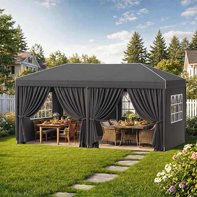 10x20 Pop Up Canopy with Sidewalls, Instant Tent with Carry Bag, Sandbags, Height Adjustable Waterproof Outdoor Canopy, Outdoor Canopy for Events, Camping, Parties (with Reflective Strips)
