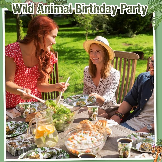 Pickmesh 250 Pcs Jungle Birthday Party Supplies Decorations Serve 50 Safari Animals Disposable Paper Plates Napkins and Cups Jungle Wild Animals Zoo Safari Baby Shower Birthday Wedding Party Supplies