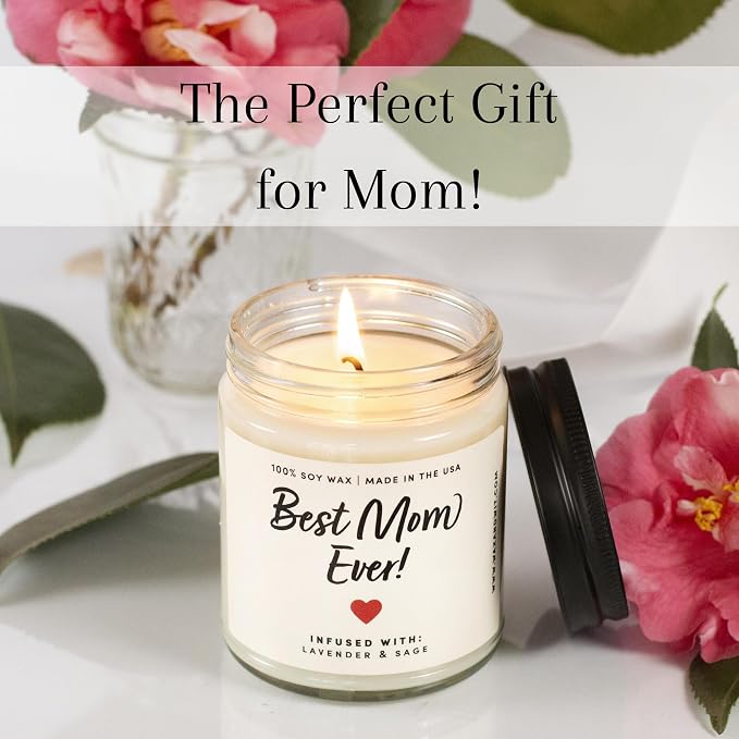 Best Mom Ever Candle & Bracelet Gift Set – Mothers Day Candle Gift for Mom from Daughter Son Kids Husband, Pink Quartz Healing Bracelet, 9oz Lavender & Sage Soy Wax, 50 Hour Burn, Birthday