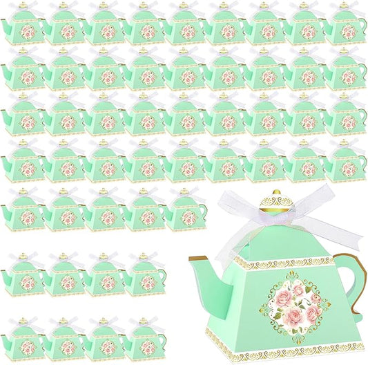 Fuutreo 50 Pcs Spring Tea Party Favor Boxes Tea Party Decorations Vintage Floral Teapot Box Flower Teapot Candy Gift Case for Women Garden Wedding Bridal Shower Birthday(Green)