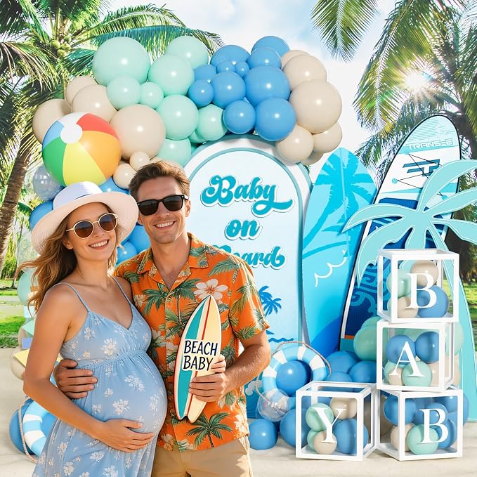 Party Inspo Baby on Board Baby Shower Decorations - 122Pcs Surf Theme Party Supplies for Boys with Backdrop, Tablecloth, Balloon Boxes and Ocean Blue Garland Kit