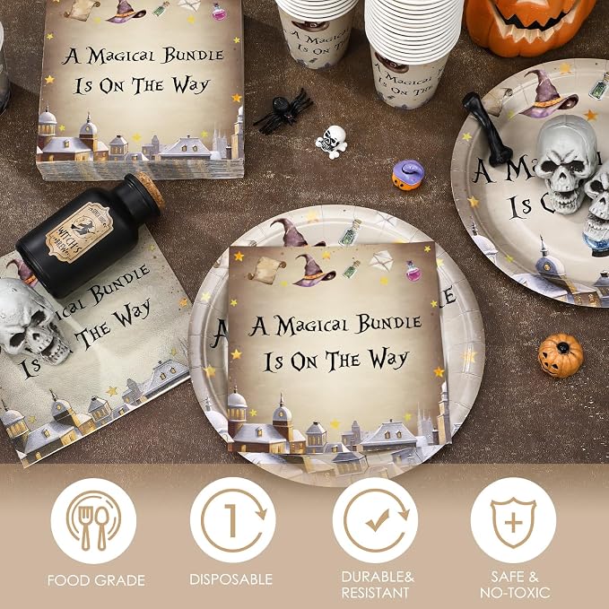 Hushee 200 Pcs a Magical Bundle Is on The Way Baby Shower Paper Plates Napkins Cups Girl Boy Baby Shower Tableware Set Magical Wizard Theme Disposable Cup Napkin for 50 Guest Party Decoration