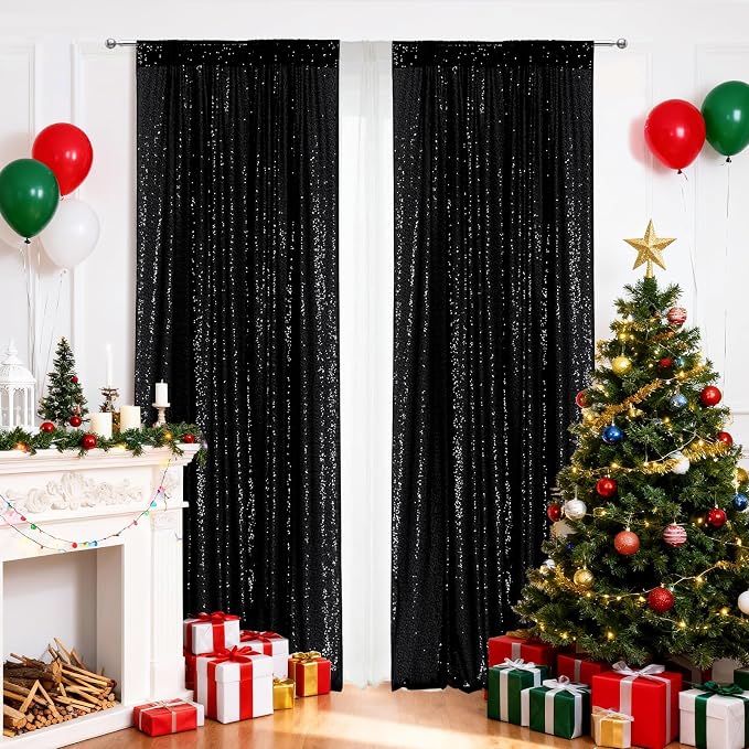 PartyDelight Black Sequin Backdrop Curtains 2x8ft 2 Panels | 3mm stitched sequin curtain with 4 inch rod pocket for 2x8ft 2 panel doorway window side drape narrow photo booth strip