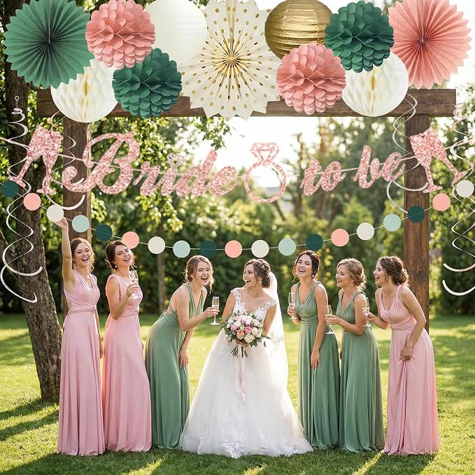 Pink Sage Green Bridal Shower Decorations, Bride to be Banner with Honeycomb Balls, Paper Flowers, Lanterns, Fans, Circle Garland for Wedding Shower, Bachelorette Party Decor 19pcs