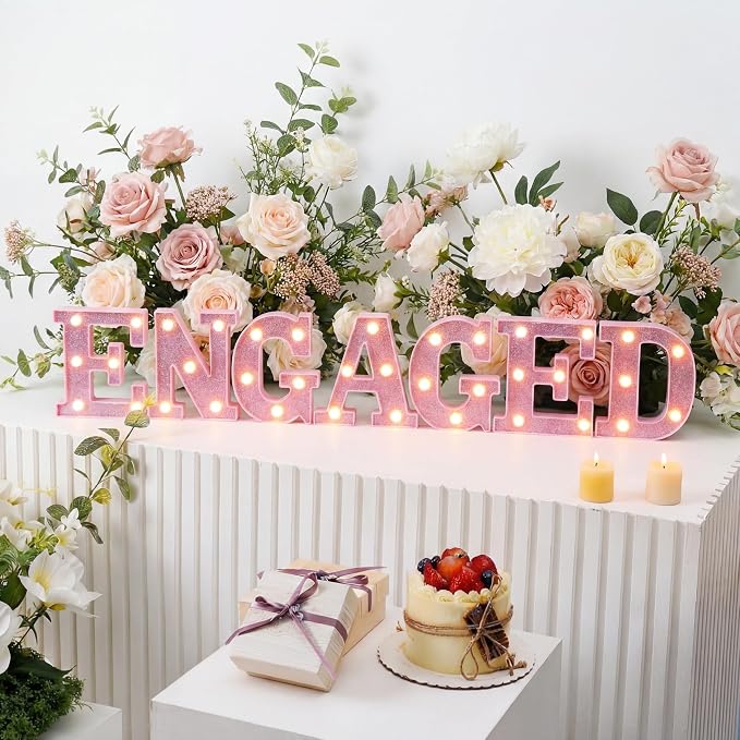 Honoson 7 Pcs 6.5 Inch Engagement Party Decorations Pink Warm Engaged LED Letter Lights Sign Lights Table Decoration for Wedding Engagement Bridal Shower Engaged Party Decor