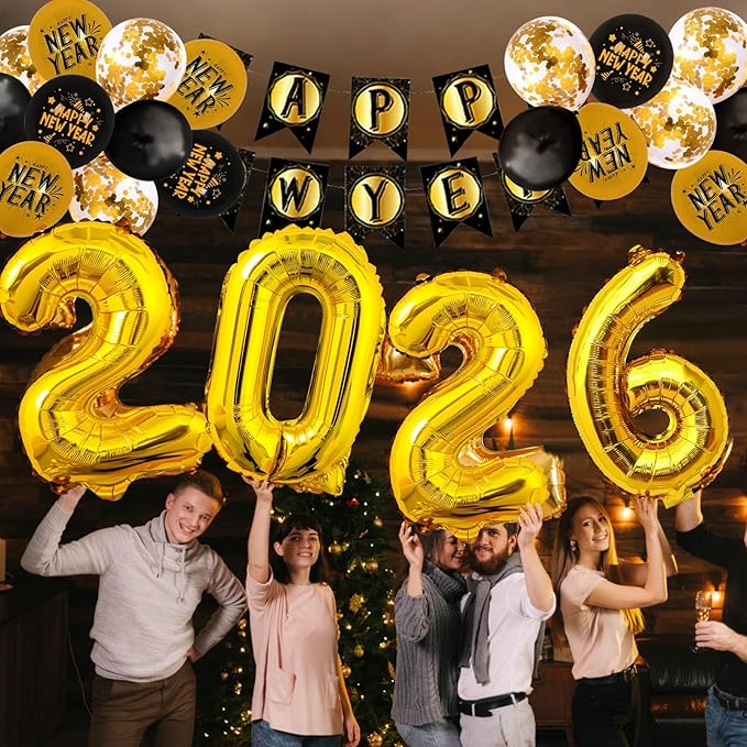 New Years Decorations Party Supplies 2026 40PCS Happy New Years Eve Balloons Decorations for 2026 Photo Props Party Background Black and Gold Balloons Banner Hats Glasses (Black)