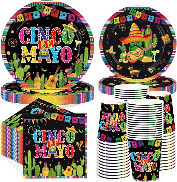 250Pcs Cinco De Mayo Decorations Mexican Fiesta Plates and Napkins Black Mexico Taco Fiesta Decorations Favors for Mexican Cinco De Mayo Festive Party Supplies Serves 50