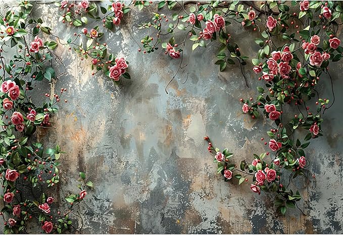 Baocicco 10x8ft Vinyl Old Floral Wall Photography Background Retro Texture Wall Grain Pink Rose Fairytale Birthday Backdrops Medieval Wedding Events Party Decorations Newborn Baby Shower Studio