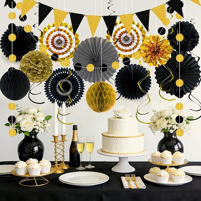 24 Pcs Black and Gold Party Decorations, Paper Fans Honeycomb Pom Poms Pennant Garland, Reusable Hanging Supplies for 2026 Graduation Birthday New Year Wedding Anniversary