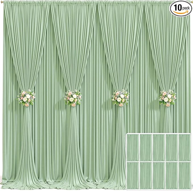 10 Panels Sage Green Backdrop Curtain for Parties Wrinkle Free Dark Green Photo Curtains Backdrop Drapes Fabric Decoration for Weding Baby Shower Birthday Party Photography 50ft(W) x 10ft(H)