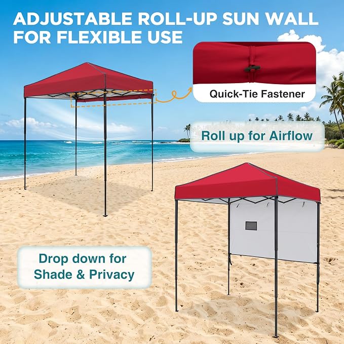 EAGLE PEAK 6x4 Instant Pop Up Canopy Tent with 1 Half Wall Panel, Straight Leg Sun Shelter, Portable Canopy with Carry Bag for Camping, Beach & Sports, Red