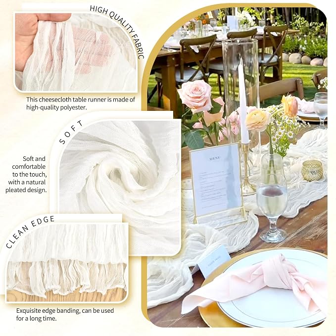 2 Pack Cheesecloth Table Runner 10FT Ivory White Table Runner Boho Gauze Cheese Cloth Table Runners Long Rustic Sheer Table Decorations for Wedding Party Baby Bridal Shower Birthday Holiday Spring