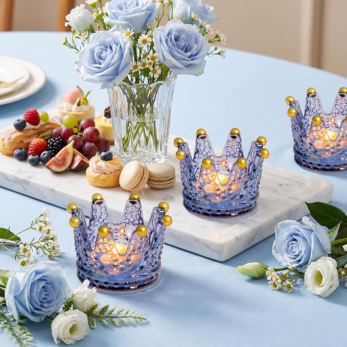 Rubtlamp 6 Pack Blue Votive Crown Candle Holders with Gold Tips, Glass Tealight Candle Holders Candlestick for Table Centerpieces Wedding Party Dinner Home Table Decor