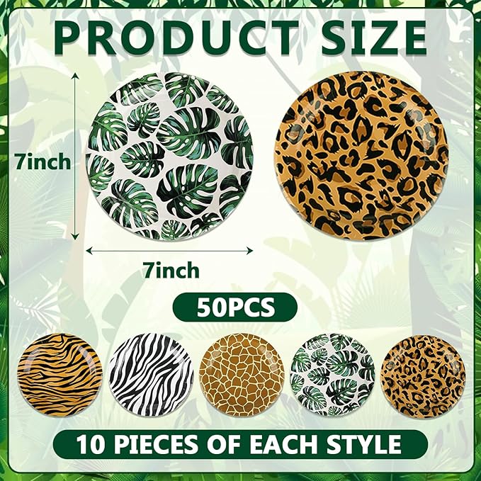 50 PCS Jungle Safari Party Tableware Supplies, Disposable Wild Animal 7 Inch Paper Plates, Zebra Giraffe Leopard Plates for Jungle Zoo Animal Themed Baby Shower Birthday Party Decor, Serves 50 Guests