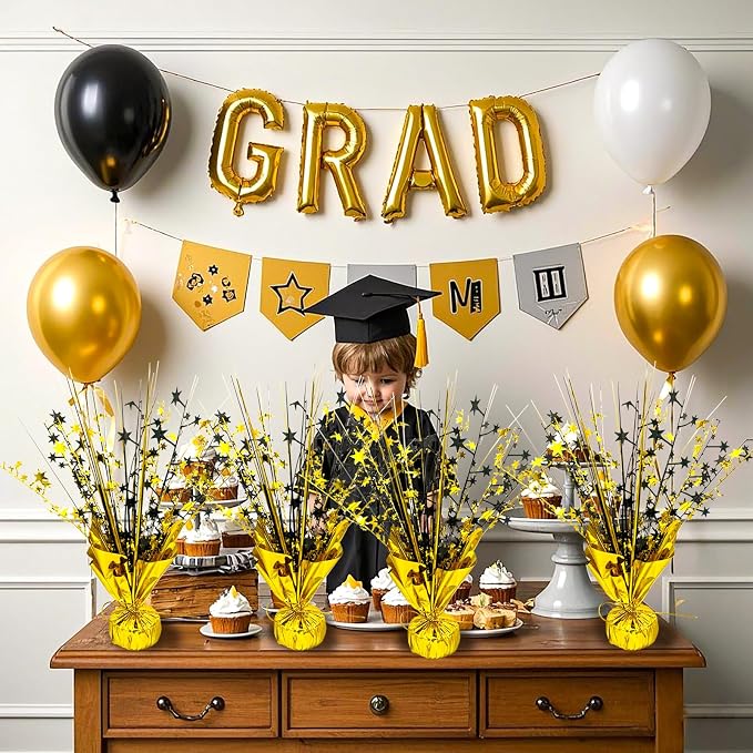 FUBININA 6 Pack 2026 Graduation Table Centerpiece Party Decoration Metallic Foil Spray Centerpiece Glitter Decor Star Tabletop for Graduation New Year Birthday Holiday Party Favor, Black and Gold