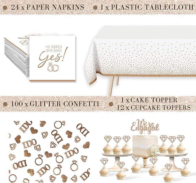 261 Pc Premium Engagement Party Decorations Kit – Elegant Mr. & Mrs. Wedding Balloons, Happy Engagement Banner, Diamond Ring White Gold Balloons, Cupcake Toppers – Classy Bride To Be Decor