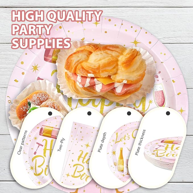 96Pcs Champagne Birthday Party Supplies Pink Rose Wine Theme Plates and Napkins Pink Rose Gold Glitter Beers Wine Tableware Set for Women 21 30 40 50 60 Years Birthday Party Supplies，Serves 24
