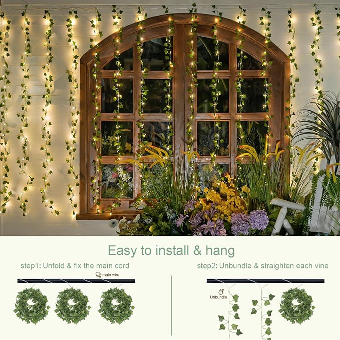 JMEXSUSS 200 LED Ivy Vine Lights, Fairy Curtain Lights USB & Battery Operated with Remote, 6.5x6.5ft Vines with Fairy String Lights for Bedroom, Dorm, Classroom, Wedding, Indoor, Outdoor Decor