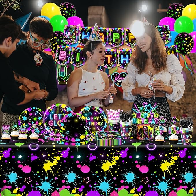 Neon Party Supplies Serves 24,Glow in The Dark Themed Tableware Including Plates,Napkins,Banner,Tablecloths Neon Birthday Party Decorations for Let's Glow Baby Shower Birthday Favors