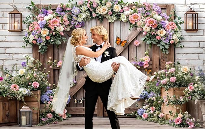 20X10ft Wedding Rustic Barn Door Photography Backdrop Vintage Wood Board Pink Purple Rose Flowers Bridal Anniversary Party Photo Shoot Decor Props
