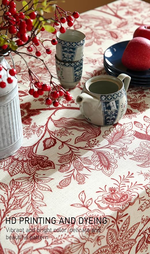 ISAENNE Designer French Linen Rectangular Tablecloth,87"x55"-Ruyi A | Vintage Elegant Table Cloth Rectangle Table,Red Floral Pattern,Durable,Heavyweight,Dining,Kitchen,Tea Party,Thanksgiving