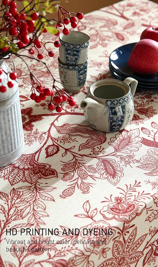 ISAENNE Designer French Linen Rectangular Tablecloth,102"x63"-Ruyi A | Vintage Elegant Table Cloth Rectangle Table,Red Floral Pattern,Durable,Heavyweight,Dining,Kitchen,Tea Party,Thanksgiving