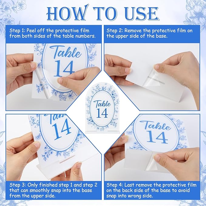 Blue Toile Themed Wedding Acrylic Table Number 1-20 with 20Pcs Stands, 5"x7" Blue Floral Place Card Centerpiece Decor Indoor Outdoor Wedding Bridal Shower Anniversary Party Reception