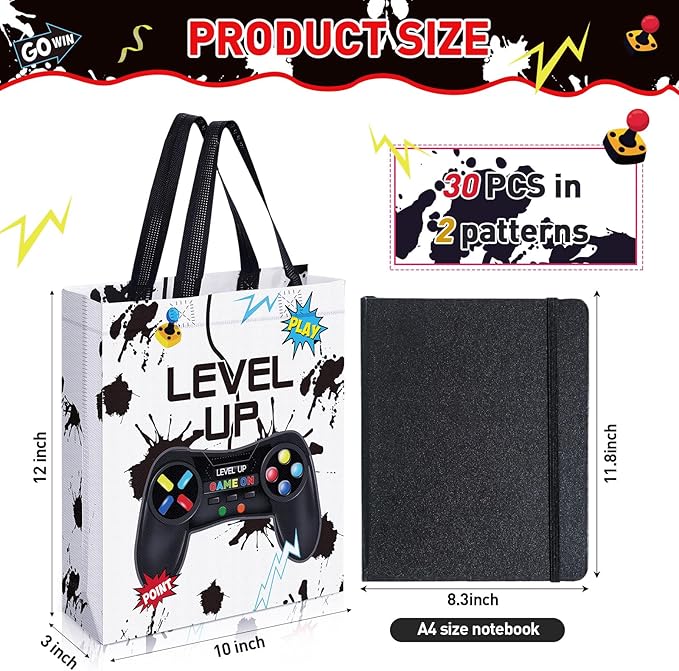 Sweetude 30 Pcs Video Game Gift Bag with Handle Game Party Supplies Reusable Gaming Non Goody Bag, 2 Styles