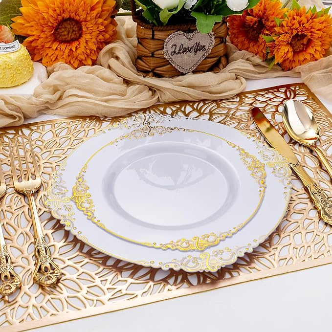 300Pieces Gold Plastic Silverware - Heavy Duty Gold Disposable Utensils - Vintage Plastic Cutlery Set Includes 100 Forks, 100 Spoons, 100 Knives for Dinner Parties Weddings