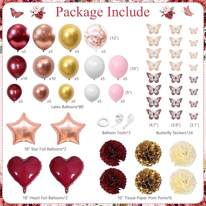 Burgundy Birthday Decorations for Women Girls, 144PCS Red and Rose Gold Party Supplies with Happy Birthday Banner & Backdrop, Tablecloth, 3D Butterfly Stickers, Balloon Arch Kit for Birthday Decor