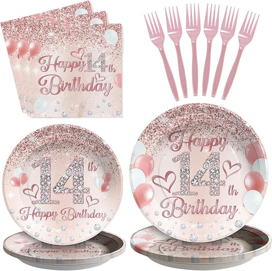 Grencian 96Pcs 14th Birthday Party Supplies Disposable Rose Gold 14 Year Old Birthday Plates Napkins Forks Tableware Set 14th Birthday Decorations for Girls Happy 14th Birthday Fabulous Party Serve 24