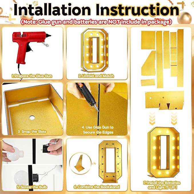 4FT Large Light Up Numbers 0, Gold Number 0 Marquee Frame Marquee Mosaic Number for Birthday, Giant Number 0 Marquee 4 Feet Tall DIY Frame Pre-Cut Foam Board Kit for Graduation Anniversary Decoration
