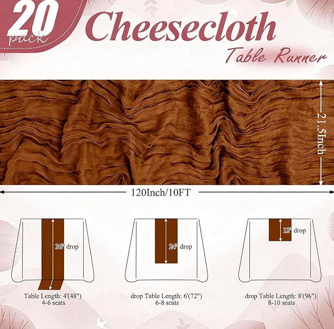 8 Packs Cheesecloth Table Runner 10FT Long Boho Gauze Fabric Table Runner Vintage Rustic Sheer Runners for Wedding Party Bridal Baby Shower Table Decorations (Brown)