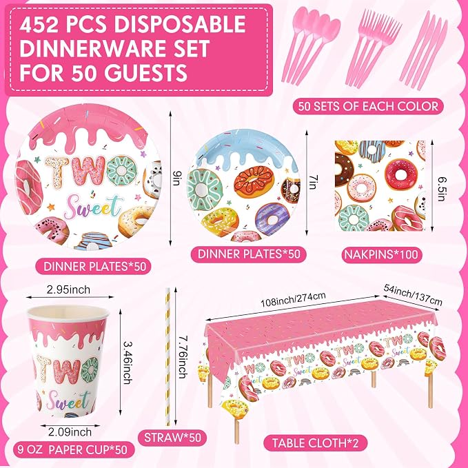 Funnymoom 452 Pcs Donut Two Sweet Birthday Decorations Girls for 50 Guests, Pink Donut Themed Paper Plates Cups Napkins Tablecloth Cutlery Straws for Girl 2nd Birthday Party Supplies