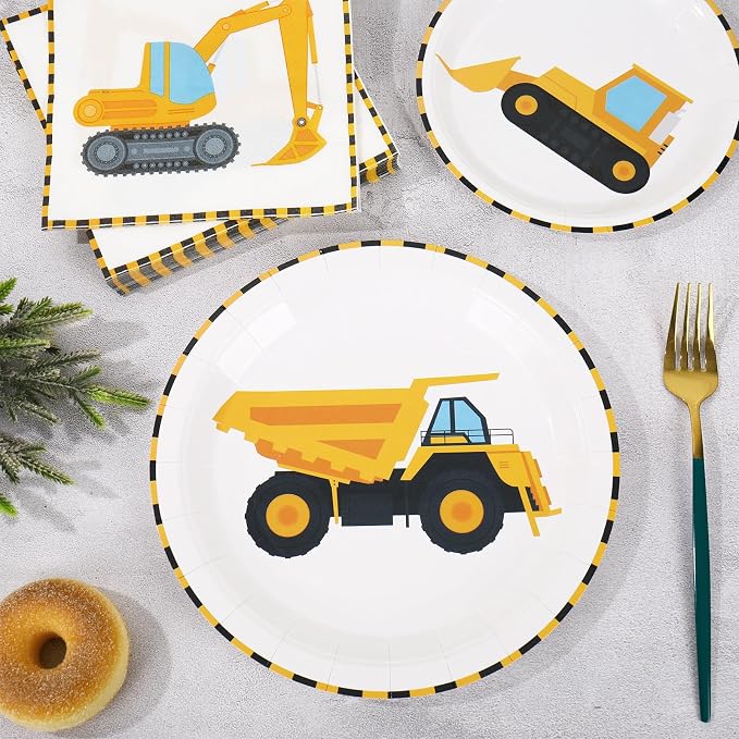 Whaline 192 Pcs Construction Party Tableware Dump Truck Paper Plate Napkin Cup Yellow Black Disposable Dinnerware Set for 48 Guests Birthday Party Table Decor