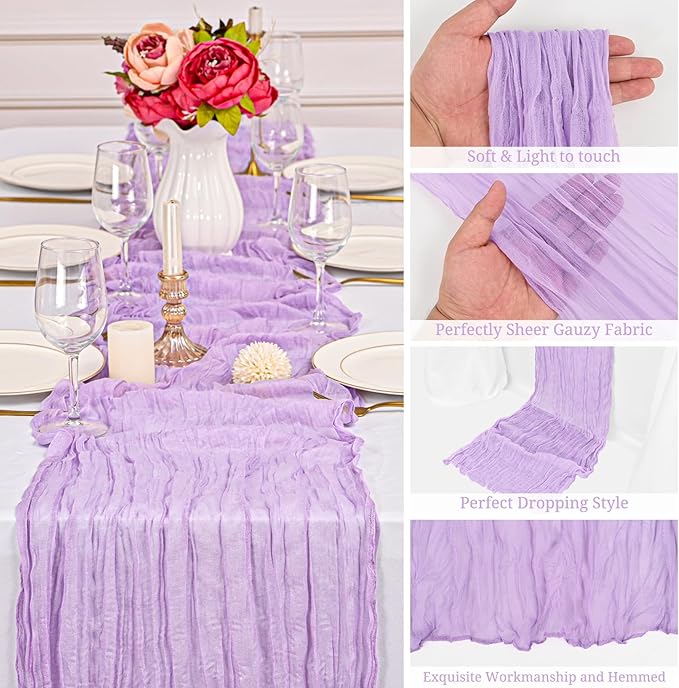 24 Pack Lavender Cheesecloth Table Runner ,10FT Cheese Cloth Table Runner for Wedding Decor, 20x120inch Rustic Boho Gauze Table Runners for Wedding Party Bridal Shower
