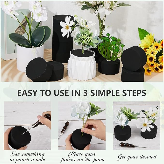 Lallisa 12 Pcs Black Round Reusable Floral Foam Blocks Water Weather Resistant Dry Floral Foam for Artificial Flower Arrangements Outdoor Hanging Florist Plant Bases for DIY Wedding (3.15 x 1.5)