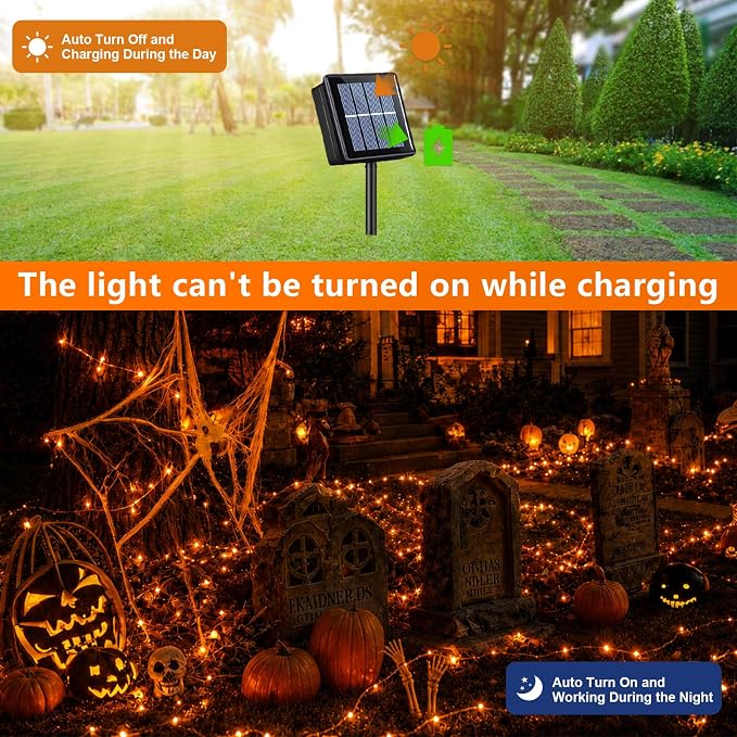 QITONG 4 Pack Solar Halloween Lights, Each 33ft 100 LED Orange Fairy Light Outdoor Waterproof, 8 Modes Silver Wire Christmas Twinkle Mini String Lights