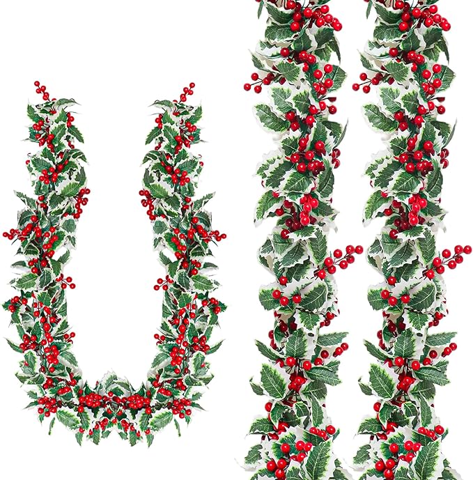 Zerzsy 2 Pack Artificial Red Garland,Eucalyptus Garland Green Leaves with Red Berry,Faux Hanging Garland Vine Plants Decorations for Table, Mantle, Staires, Wall, Indoor/Outdoor(2pcs-Red)