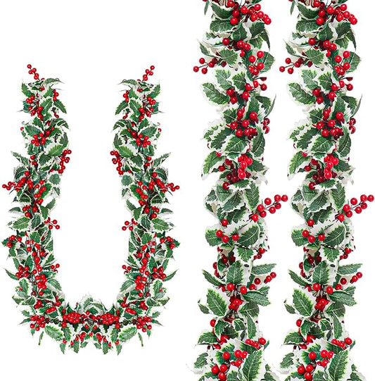 Zerzsy 2 Pack Artificial Red Garland,Eucalyptus Garland Green Leaves with Red Berry,Faux Hanging Garland Vine Plants Decorations for Table, Mantle, Staires, Wall, Indoor/Outdoor(2pcs-Red)