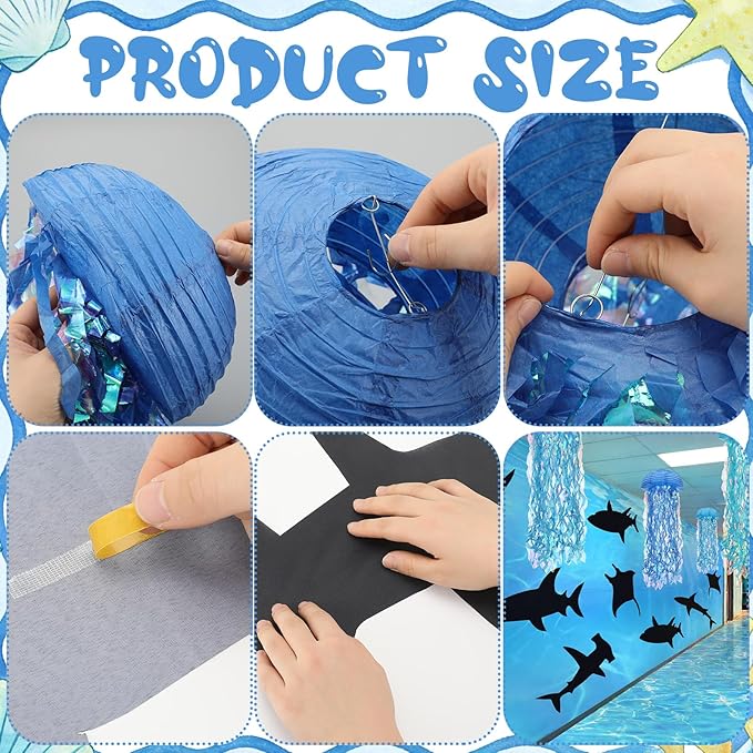 VioraWhite 10 Pcs Ocean Theme Party Classroom Decorations 6 Black Fish Fabric Backdrops 1 Blue Wave Rug 3 Jellyfish Hanging Top Decor Sea Birthday Party Decorations for Summer Beach Classroom