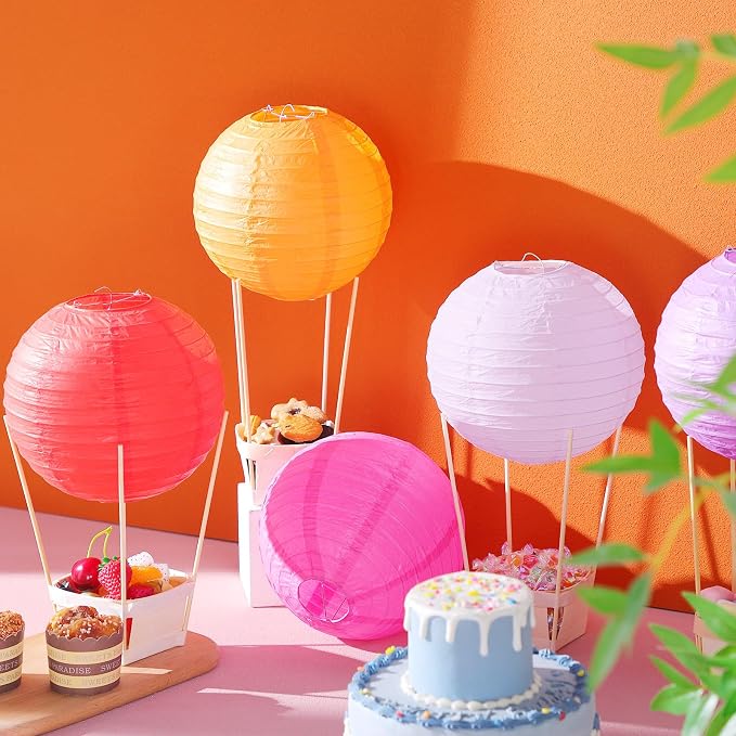 Namalu 24 Set Hot Air Balloon Table Centerpieces Baby Shower Party Decoration Paper Lanterns with Wooden Basket Sticks for Summer Birthday School DIY Craft(Rainbow Color)