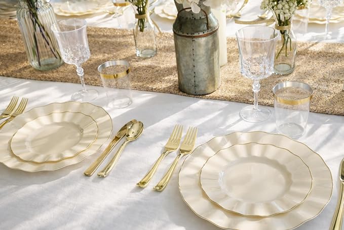 " OCCASIONS " 60 Plates Pack (30 Guests)-Heavyweight Wedding Party Disposable Plastic Plate Set -30 x 10.25'' Dinner + 30 x 7.5'' Salad/dessert plates (Bloom Ivory & Gold)
