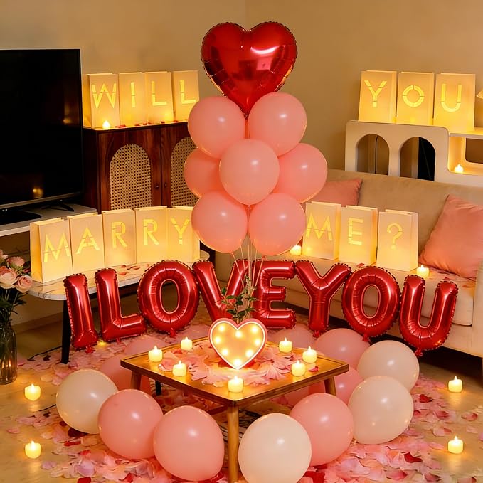 Will You Marry Me Light Up Letters Proposal Decorations,Glowing Luminary Letter Bags with LED Tea Lights, Rose Petals,Heart Balloons for Proposal,Engagement Party,Valentine’s Day,Romantic Night
