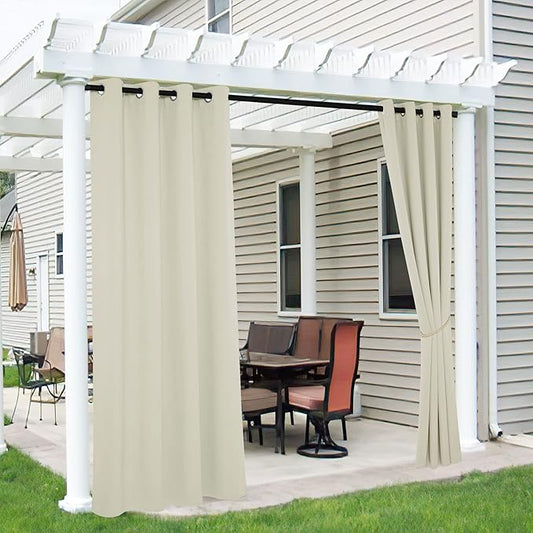 RYB HOME 2 Panels Outdoor Curtains for Patio Waterproof Block Sunlight Thermal Insulated Privacy Assured Thick Outside Curtains for Porch, Gazebo, Pool, W52 x L90, Beige