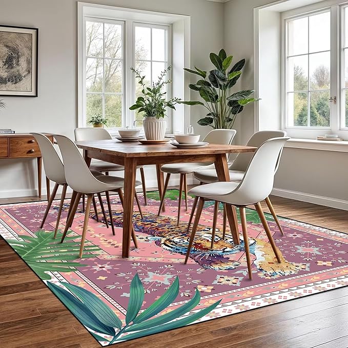 6' x 9' Pink Rug Tiger Floor Mat Bohemian Vintage Tropical Jungle Carpet Modern Indoor Living Dining Room Bedroom Porch Playroom Nursery Doormat Room Decor